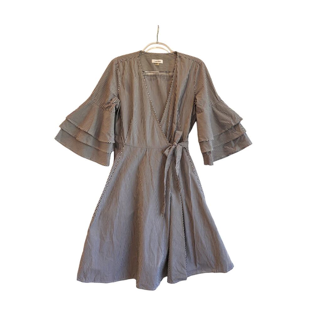 Calvin Klein Striped Wrap Dress Bell Sleeve Fit & Flare Women’s Size 10 classic